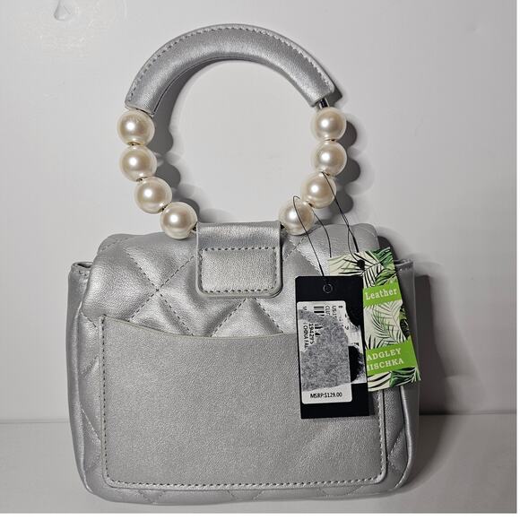 Badgley Mischka Mini Handbag Vegan Leather Silver and Pearls - Picture 2 of 5